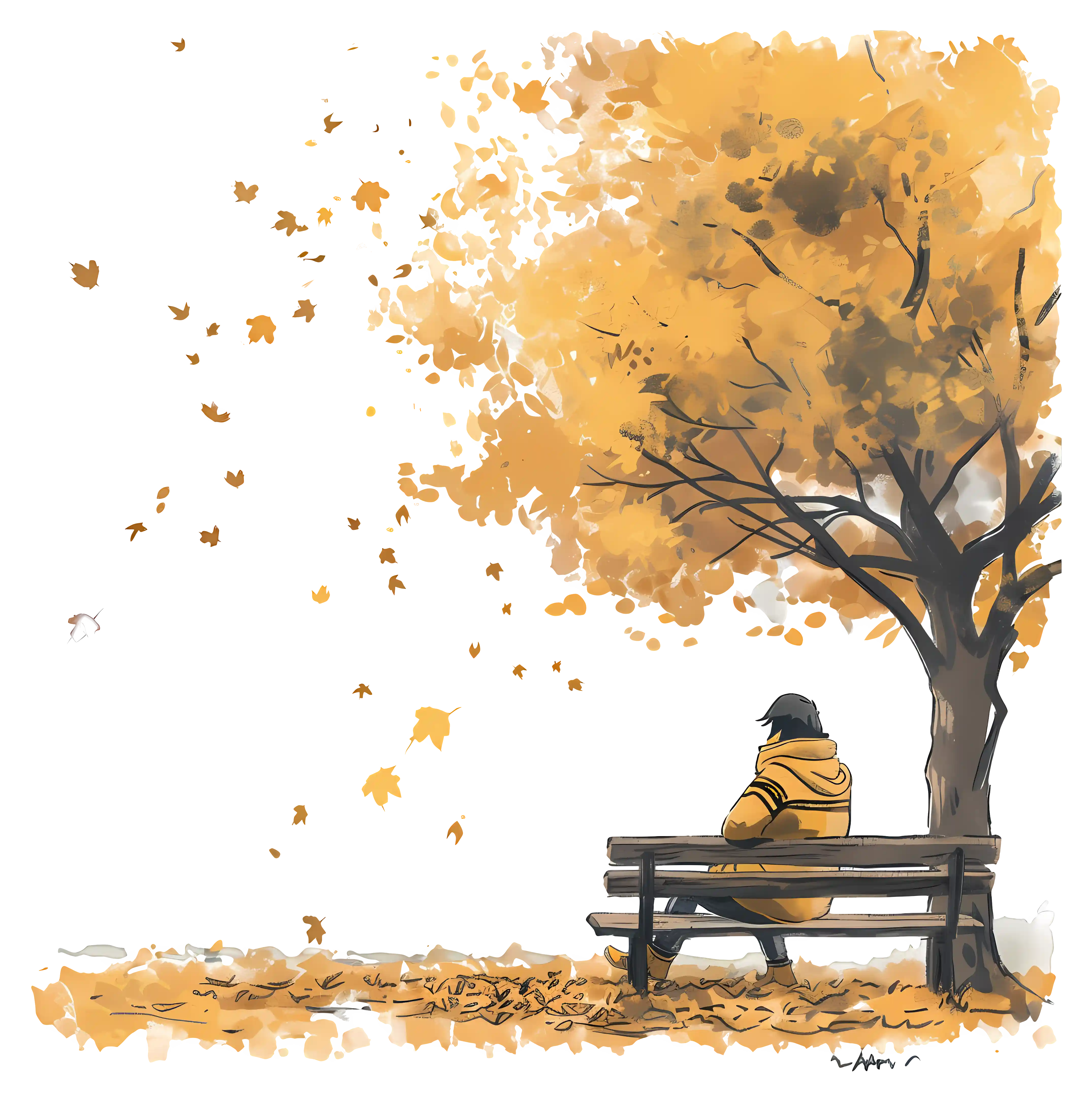 A yellow tree hanging over a park bench with a man in a yellow jacket sitting facing away.