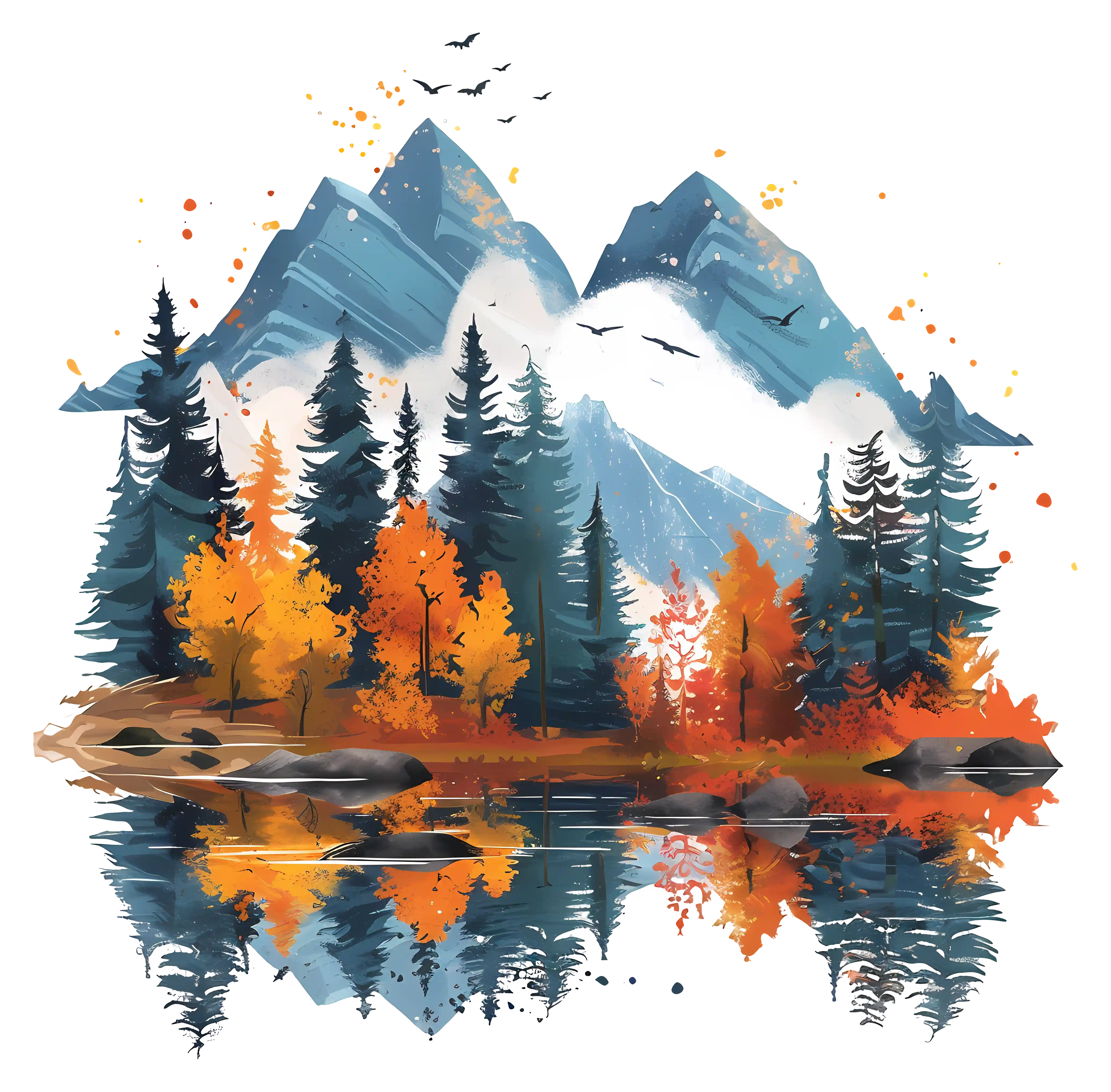 A digitally painted image of a landscape scene featuring mountains, and a forest alongside a lake, with a reflection of the scene in the lake.