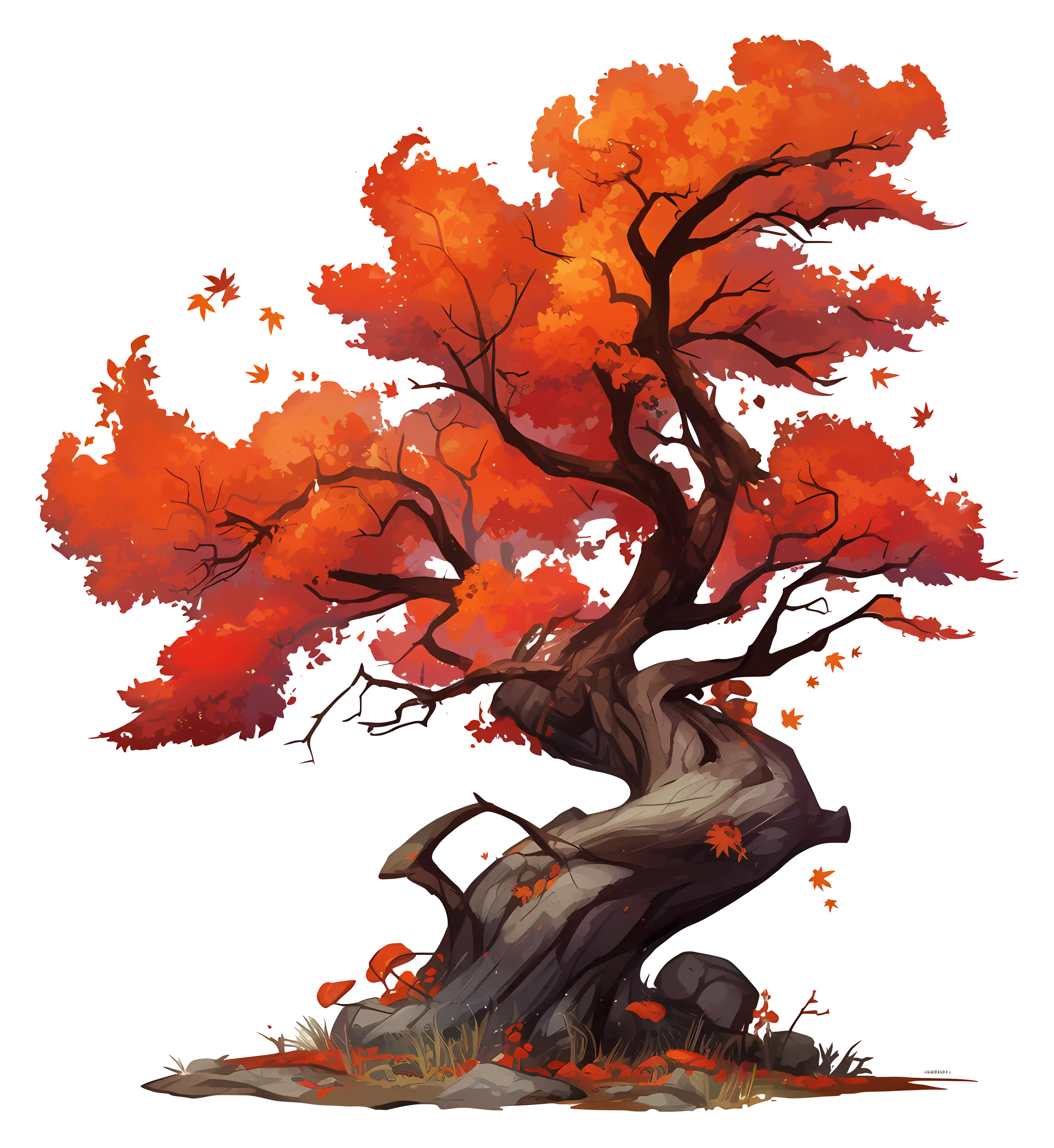 A tree with twisting trunk and branches and red leaves.