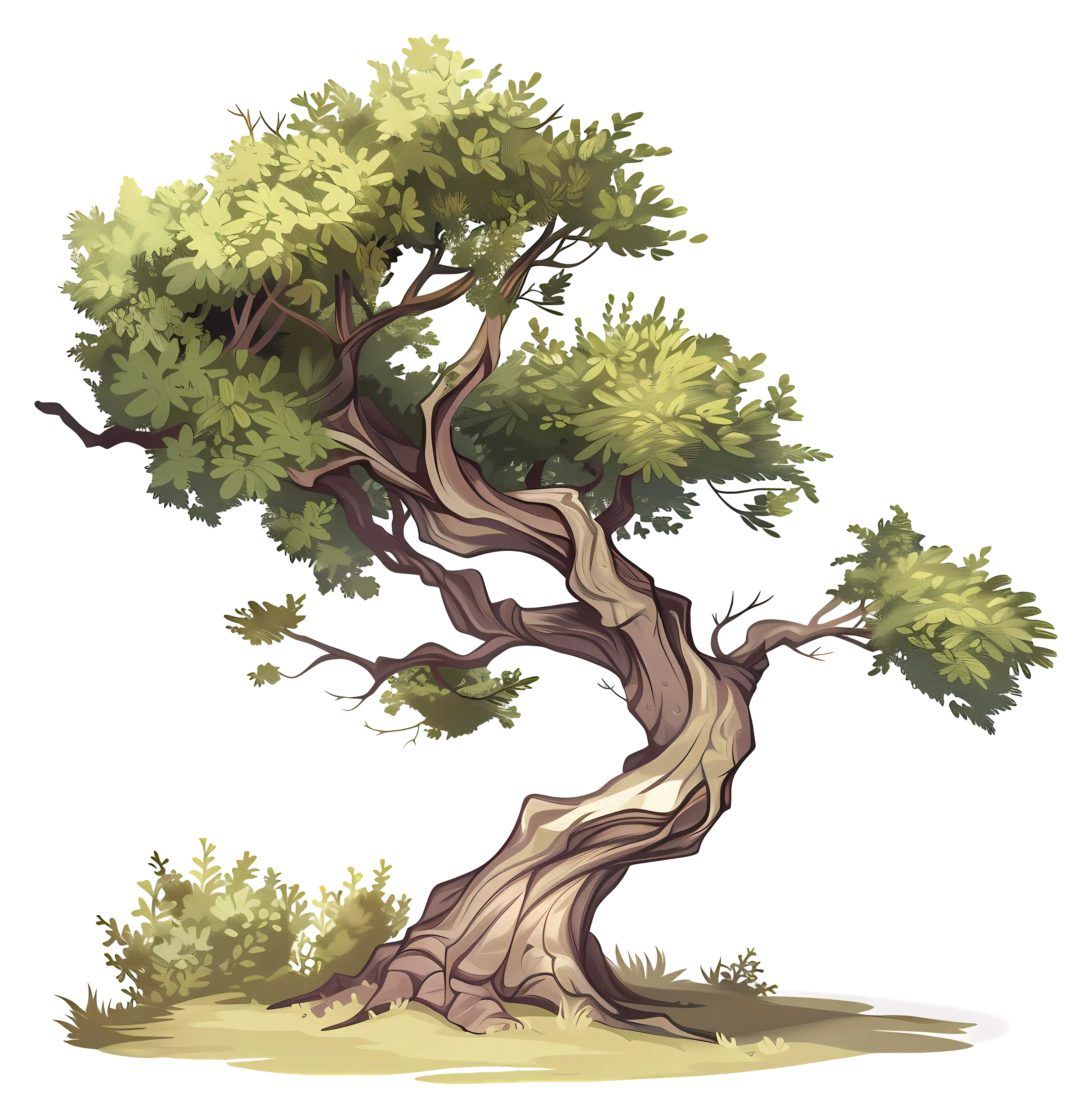 A twisting cedar tree on a dry patch of grass.