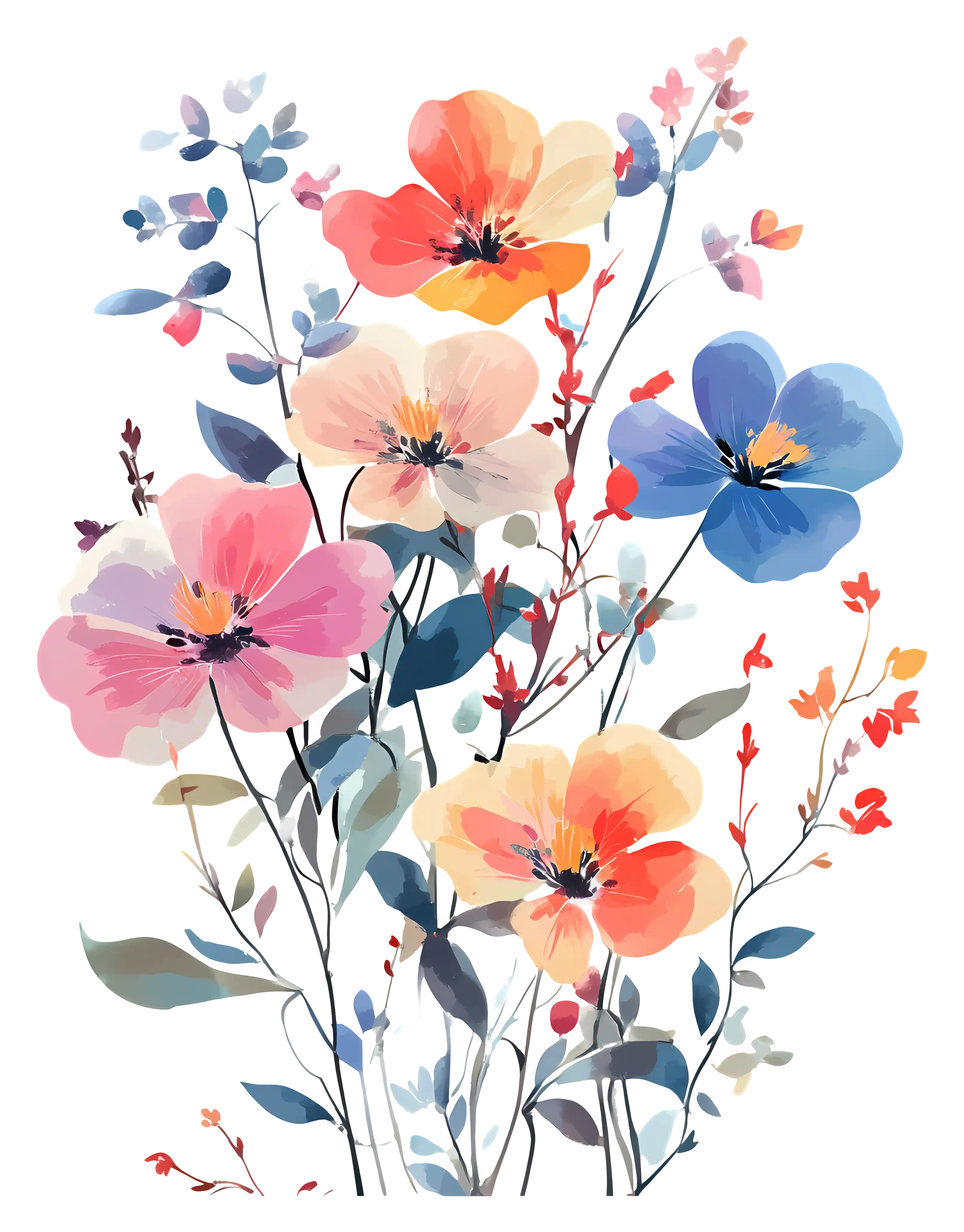 A pastel painting of red and blue flowers.